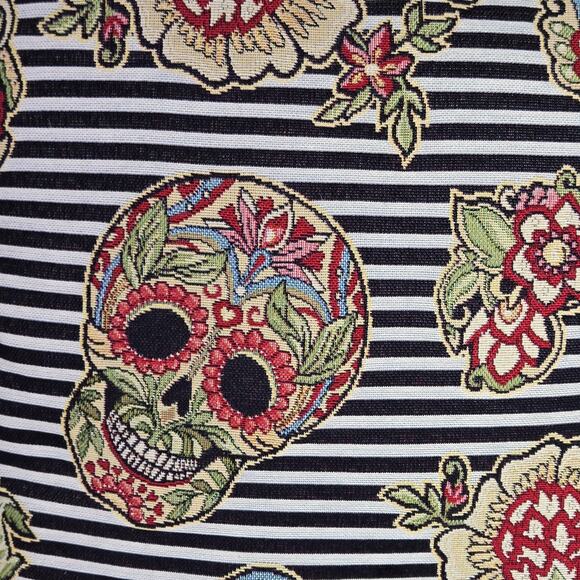 Sugar Skull Floral Embroidered Pillow 18x18" Black Velvet Back Zip Art Deco Boho - Picture 2 of 9